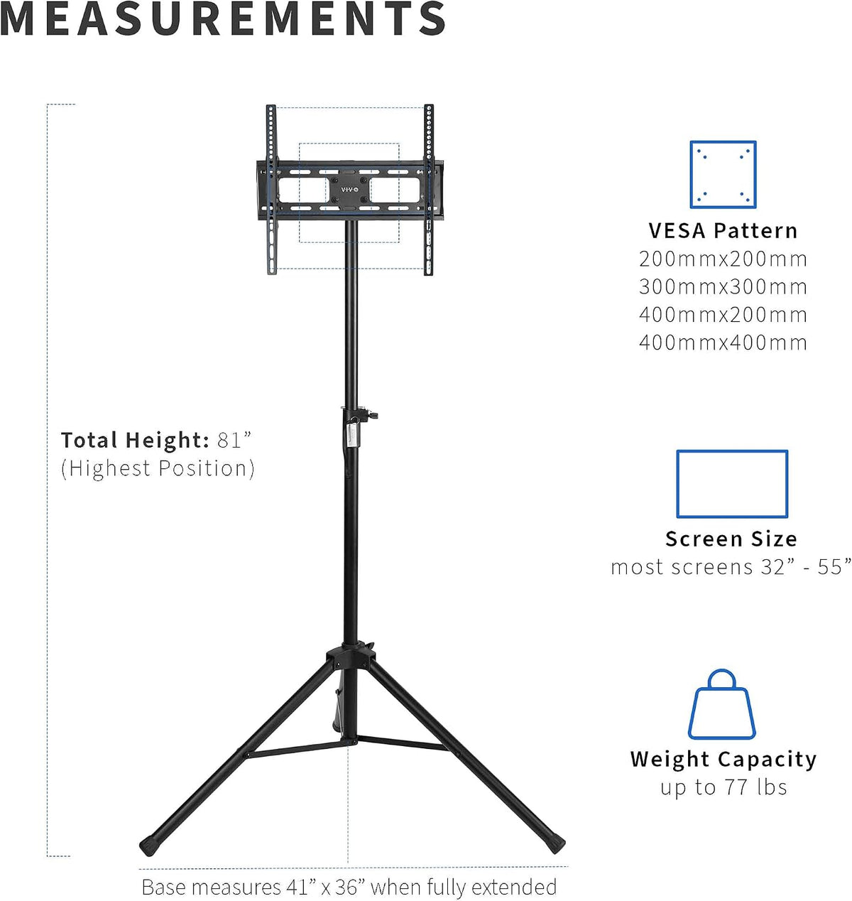 VIVO Tripod 32 to 55 inch LCD LED Flat Screen TV Display Floor Stand, Portable Height Adjustable Mount, Black, STAND-TV55T - Image 4