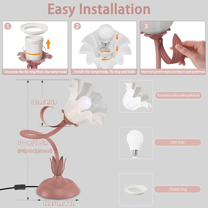 Women Bedside Table Lamps for Bedroom, Cute Flower Desk Lamp with Adjustable Flexible Gooseneck, 3 Color Temperatures Nightstand Lamp with E26 LED Bulbs, Floral Lamp for Living Room, Office,Reading - Image 6