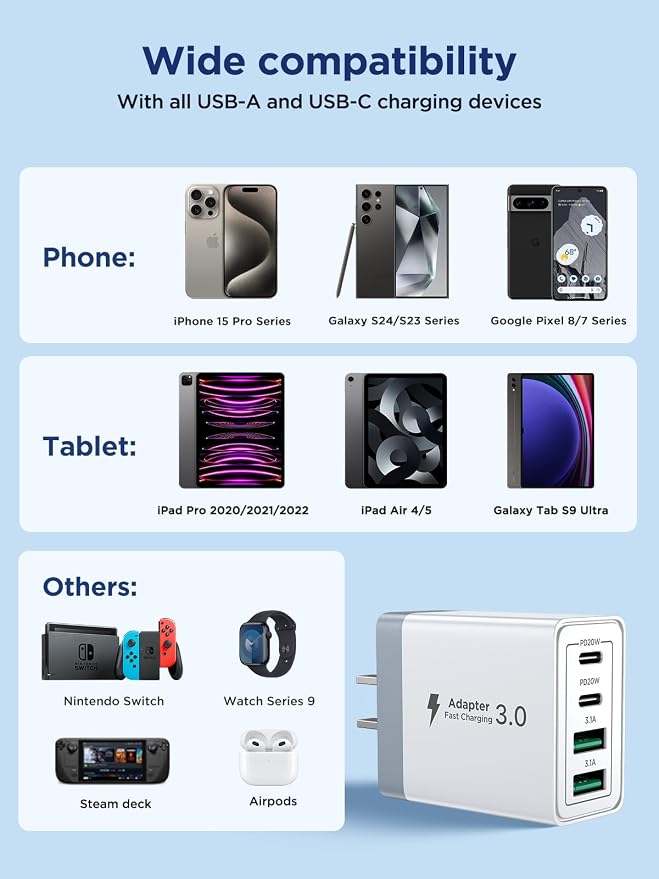 [2-Pack] USB C Charger Block, 40W Fast Charging Block Type C Charging Blocks 4-Port Dual Port PD+QC USB Wall Charger Block for iPhone 17 16 15 14 13 12 11 Pro Max XS, iPad - Image 6