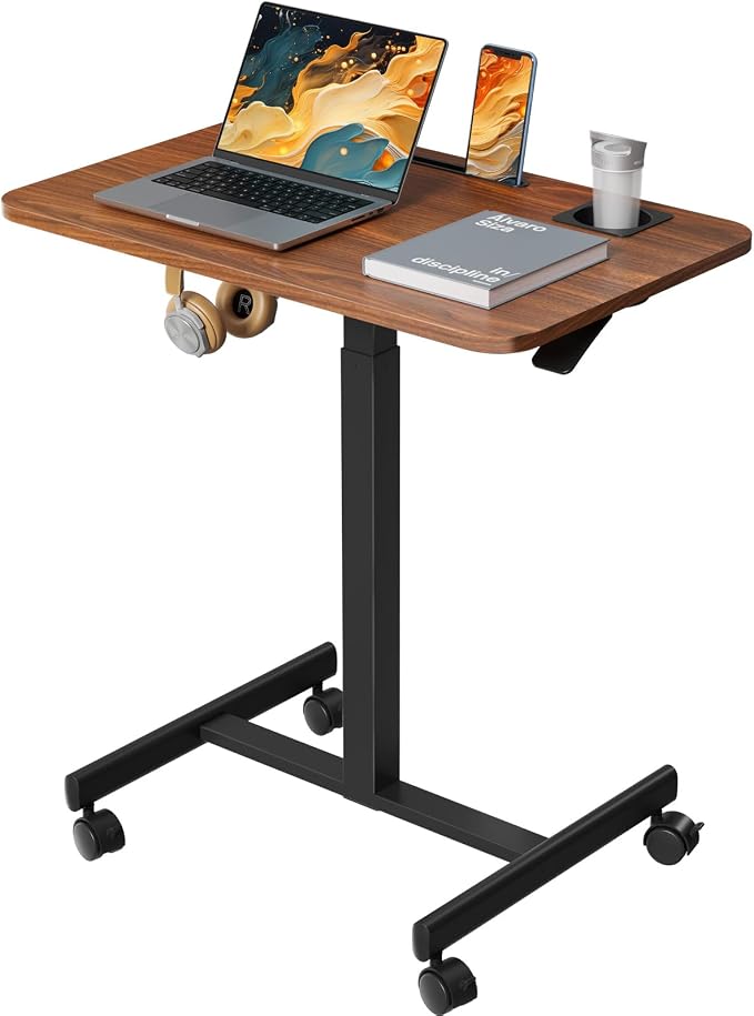 28 inch Small Mobile Standing Desk Height Adjustable with Wheels | Rolling Laptop Rising Cart with Cup Holder, Portable Computer Workstation with Hook and Slots on 4 Lockable Casters, Walnut by LiftSync