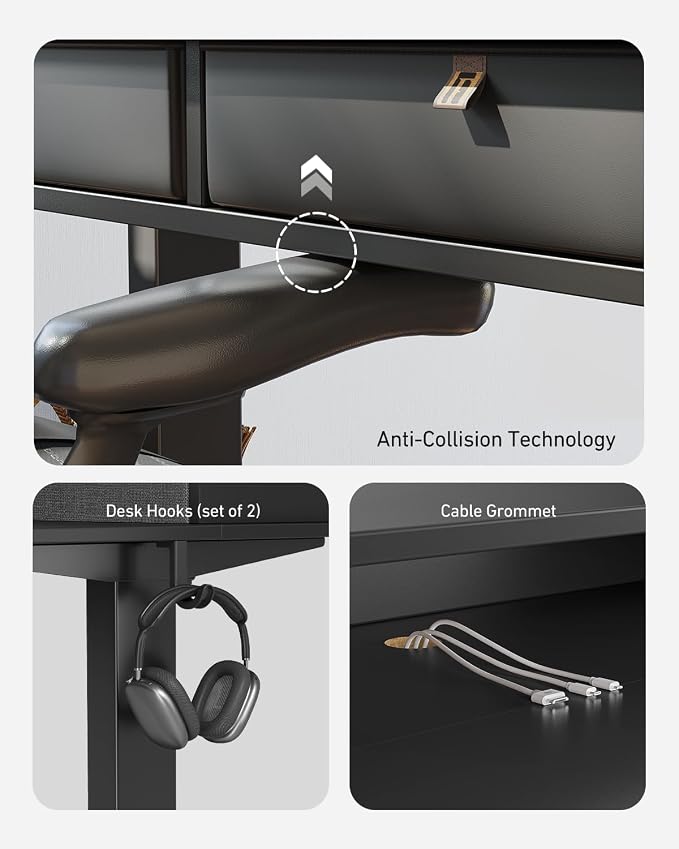 CubiCubi 60" x 30" Standing Electric Desk with Drawers, Black | Height Adjustable Workstation, Computer Sit Stand Up Office Table with Large Storage Shelf, 4 Drawers and 2 Hooks - Image 9