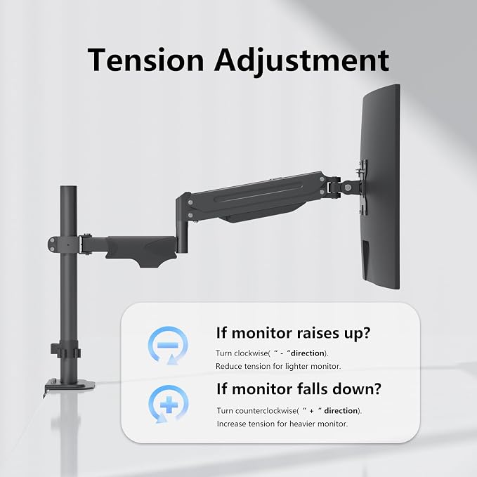 suptek Single Monitor Arm for Desk Mount Stand,Adjustable Monitor Arm for 17 to 32 inch Screen, Support Weight up to 22lbs, Mounting Holes 75x75mm to 100x100mm,Pneumatic Pole Mount Arm Black - Image 4