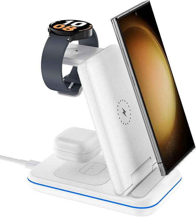 Wireless Charger for Samsung/Android, HOLYJOY Foldable 3 in 1 Fast Charging Station/Stand/Multi Charger for Samsung S25 Ultra/S24/Note 20,Travel Pad for Galaxy Watch 8/7/6/5/4/Active 2,For Buds(Ivory) by Holyjoy