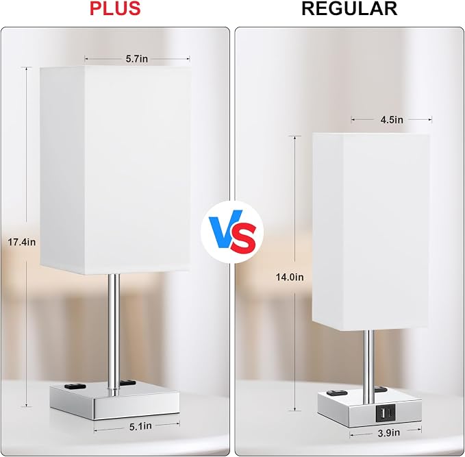 17.4" White Touch Table Lamp for Bedroom - Dimmable, USB C+A, 2 AC Outlets | 3-Way Dimming, 3000K Bulb Included, Square White Lampshade and Silver Base, Desk Lamp for Nightstand, Living Room, Dorm - Image 5