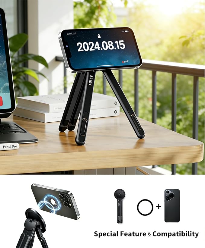 miley Laptop Stand for Desk, 8-Level Adjustable, Magnetic Phone Mount Black | For 13–17 in laptops. Aluminum build, anti-slip support and fold-flat portability. Includes a magnetic ring and carry bag. - Image 5