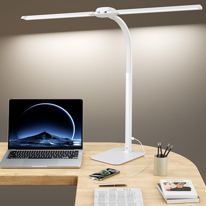 24W LED Desk Lamp for Home Office, 1500lm Dual Head Task Light with Remote | Tall Architect Lamps for Reading, USB Charging Port, Eye Caring, Dimmable 5 Color Modes, Adjustable Gooseneck, Timer, Base by KARY