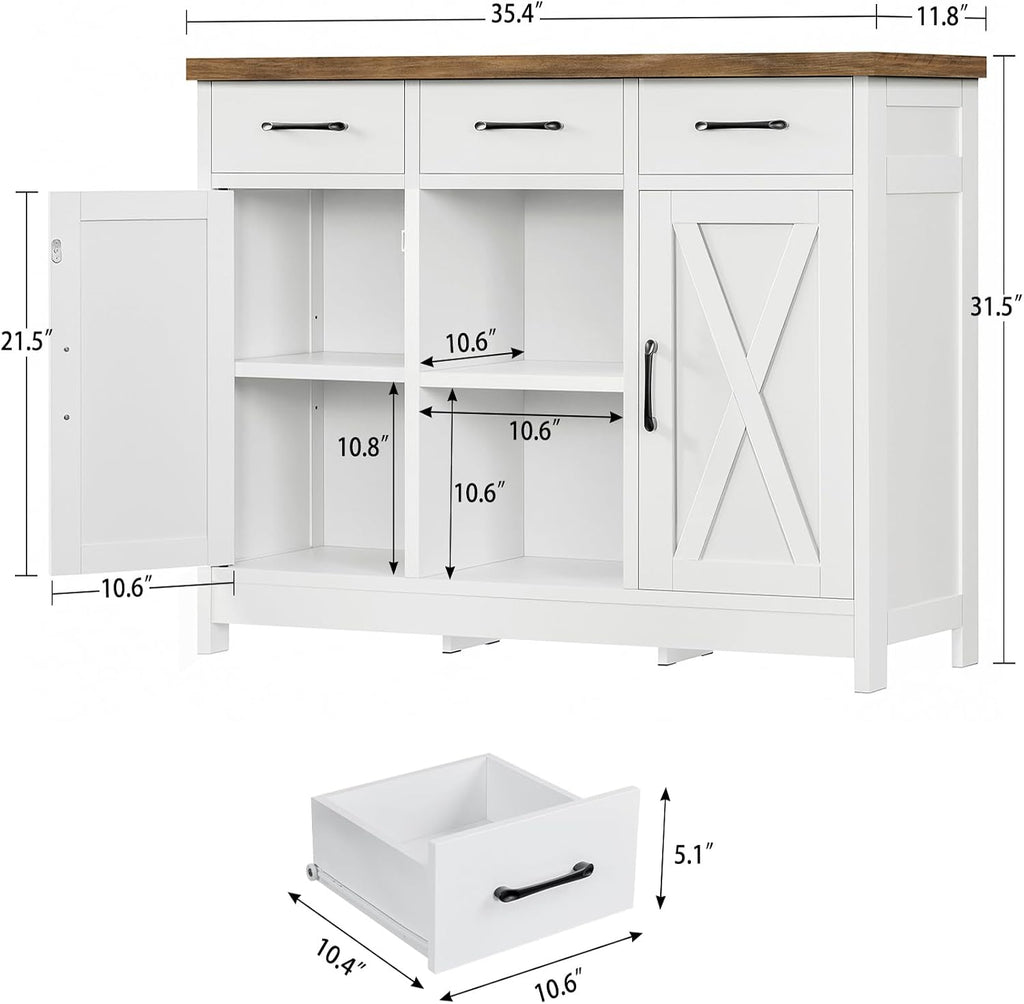 Storage Cabinet, Coffee Bar Cabinet with 3 Drawers, 2 Adjustable Shelves & 2 Doors, Buffet Cabinet, Kitchen Cabinet for Kitchen, Dining Room, Living Room, White - Image 2