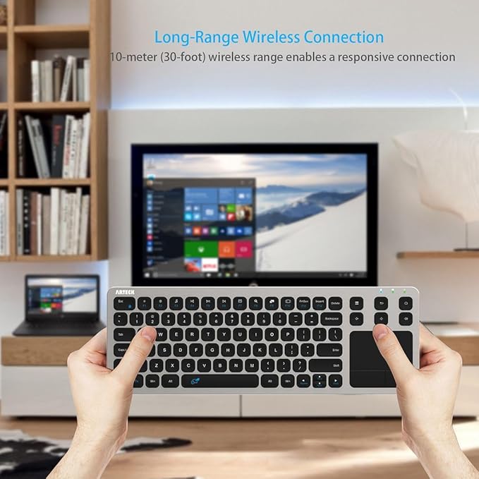 Arteck 2.4G Wireless Touch TV Keyboard with Easy Media Control and Built-in Touchpad Mouse Solid Stainless Ultra Compact Full Size Keyboard -Connected Computer, Smart TV, HTPC - Image 4