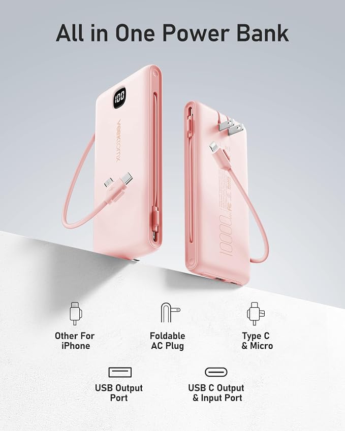VEEKTOMX 10000mAh Portable Charger with Built-in Cables & Wall Plug | Fast Charging Slim USB-C Power Bank for iPhone, Samsung, iPad | 5 Outputs, Charges 4 Devices, ETL Certified, Pink - Image 2