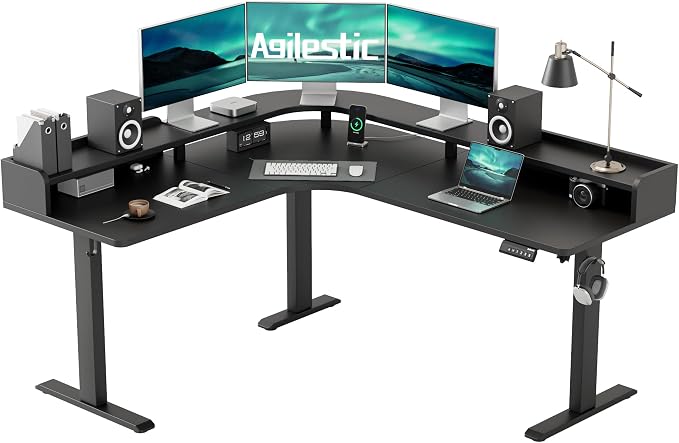 Agilestic L Shaped Standing Desk with Monitor Shelf, 63 Inch, Black | Electric Height Adjustable, Dual Monitor Setup, Spacious Corner Desktop, Sturdy Steel Frame, Memory Presets, 264 lbs by Agilestic