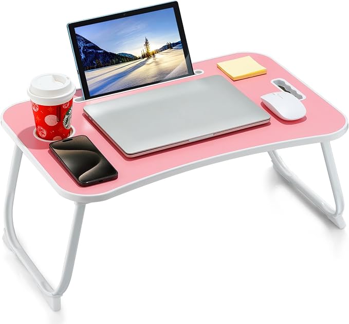 ZEAPTAC Laptop Bed Desk, Foldable Lap Desk, Portable Lap Table, Laptop Stand with Cup Holder, Tablet Slot & Lifting Handle for Work, Write, Draw & Eat on Bed, Sofa or Couch - Rose Pink by ZEAPTAC