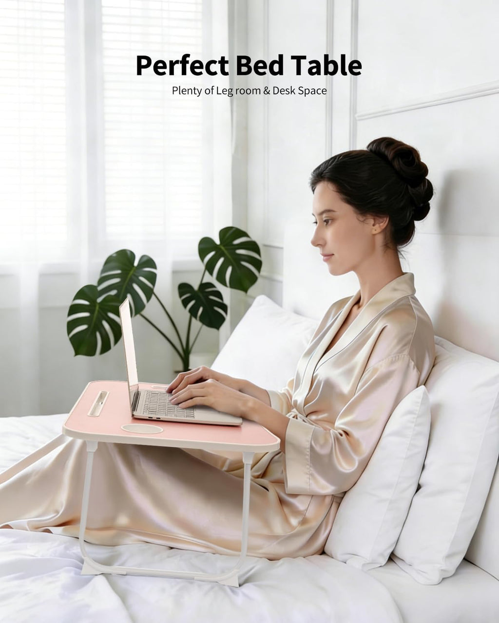 Folding Lap Desk Bed Desk Laptop Table Tray, Breakfast Serving Tray, Portable & Lightweight Mini Table for Sofa Couch Floor - Pale Pink - Image 3