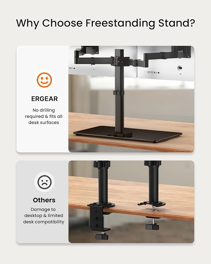 ErGear Freestanding Dual Monitor Stand for 17 to 32 Inch Screens, Computer Monitor Mount for 2 Screens, Dual Monitor Arm with Tempered Glass Base, VESA Mount Desk Stand Holds 22 lbs per Arm - Image 7