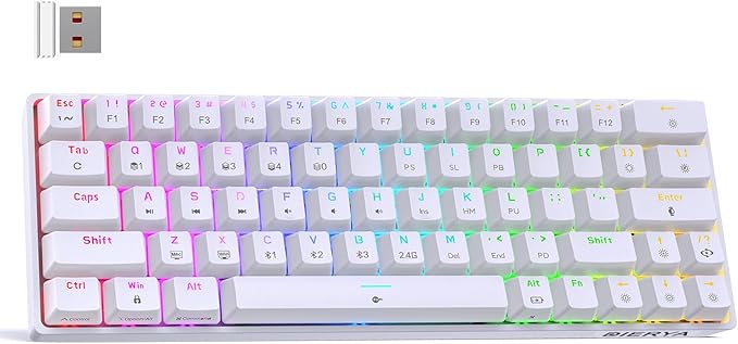 DIERYA DK63 60% Wireless Mechanical Gaming Keyboard | Bluetooth/2.4G/Wired Keyboard | RGB Backlit Compact 63 Keys Mini Office Keyboard | with Blue Switch | for Windows Laptop PC Gamer Typist-White by DIERYA