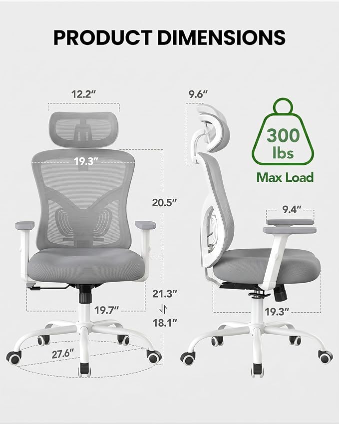 Marsail Ergonomic Office Chair Lumbar Support & Adjustable Armrests, Grey | 2D Headrest, Contoured Seat Cushion, Computer Desk Chair with Wheels for Home and Office - Image 2