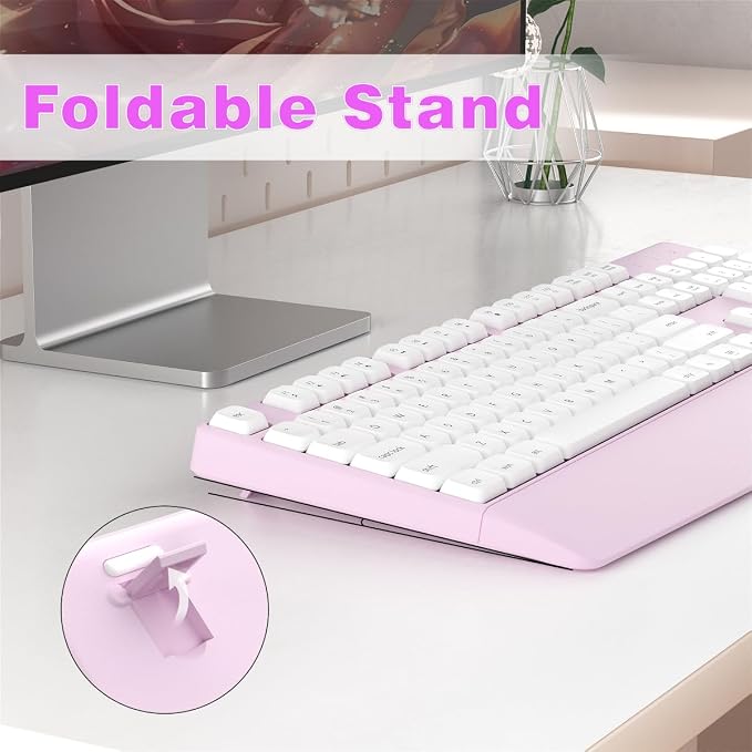 Ergonomic Wireless Keyboard and Mouse Combo with Wrist Rest (White Pink) | COVEVA Full Size Keyboard with 12 Dedicated Shortcuts, Smart Auto-Sleep, 2.4GHz Receiver, Natural Typing for PC Laptop - Image 5