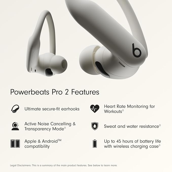 Beats Powerbeats Pro 2 - Wireless Noise Cancelling Workout Earbuds with Secure- Fit Earhooks, Up to 45-Hour Battery with Charging Case, Sweat & Water Resistant, Heart Rate Monitoring - Quick Sand | Apple H2 chip with ANC and heart rate sensors for work... - Image 2