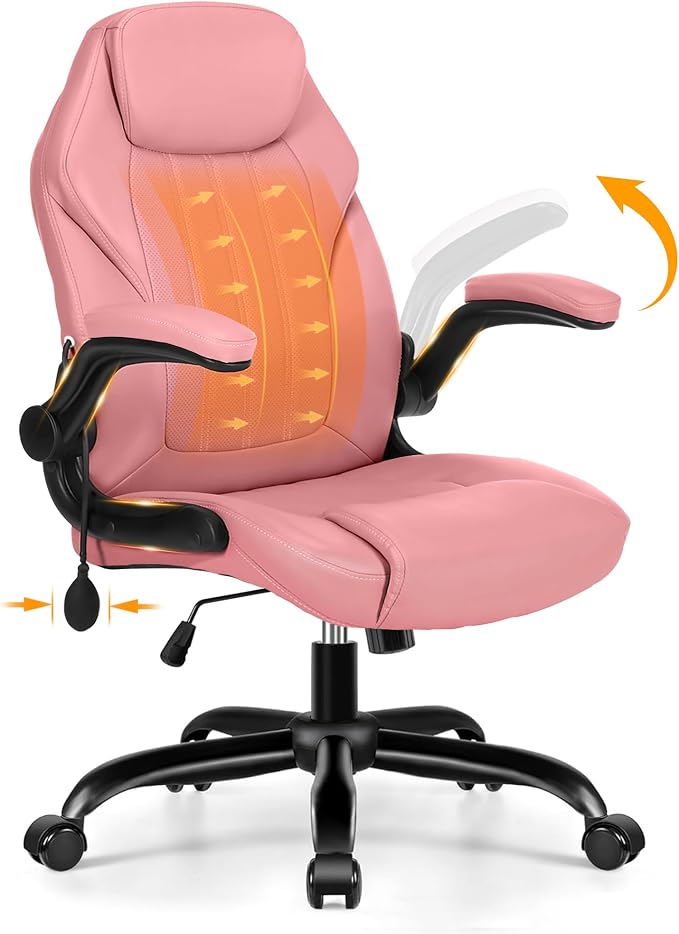 Ylzyxal Office Desk Chair, Ergonomic Computer Chair with Padded Flip-Up Arms and Adjustable Lumbar Support, PU Leather Executive Chair with Tilt Lock and 360° Swivel Rolling Wheels for Work, Study by Designedforcomfort