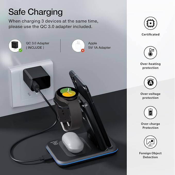 Wireless Charger for Samsung/Android, HOLYJOY Foldable 3 in 1 Fast Charging Station/Stand/Multi Charger for Samsung S25 Ultra/S24/Note 20, Travel Pad for Galaxy Watch 8/7/6/5/Active 2, For Buds(Black) - Image 6