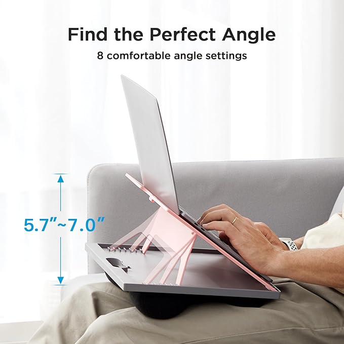HUANUO Adjustable Lap Desk - with 8 Adjustable Angles & Dual Cushions Laptop Stand for Car Laptop Desk, Work Table, Lap Writing Board & Drawing Desk on Sofa or Bed, Pink | Dual-cushion base, carry handle, 30% thicker for durability, wider anti-slip led... - Image 2