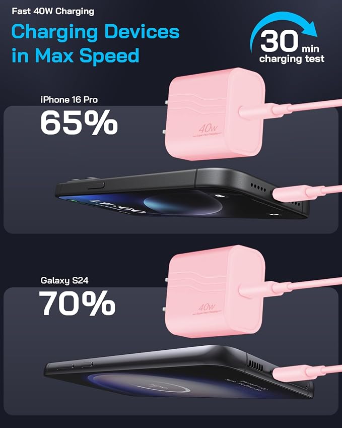 GUUSMART 40W iPhone 17/16/15 Charger Fast Charging 3 Pack Type C Chargers | USB C Charger Block for iPhone 17/16/15 Pro Max,17/16/15 Plus, iPad Pro with Long 6 FT iPhone Charger USB C Cable-Light Pink - Image 2