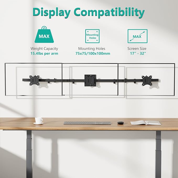 WALI Triple Monitor Wall Mount for 17 to 32 inch Screens, up to 15.4lbs | 3 Monitor Wall Mount, Full Motion with Tilt, Swivel, Rotation, VESA Mount 75/100mm, for Office / Home (013ARM), Black - Image 3