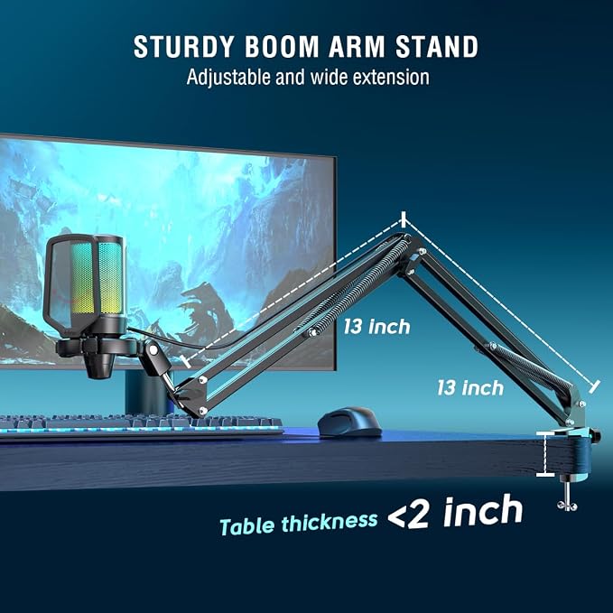 FIFINE A6TB USB Streaming Microphone Kit, RGB Condenser Mic with Boom Arm | Mute Button, RGB Indicator, Gain Control, Cardioid pickup, Pop Filter, for PC PS5/Mac Gaming Discord Twitch Podcasts - Image 6