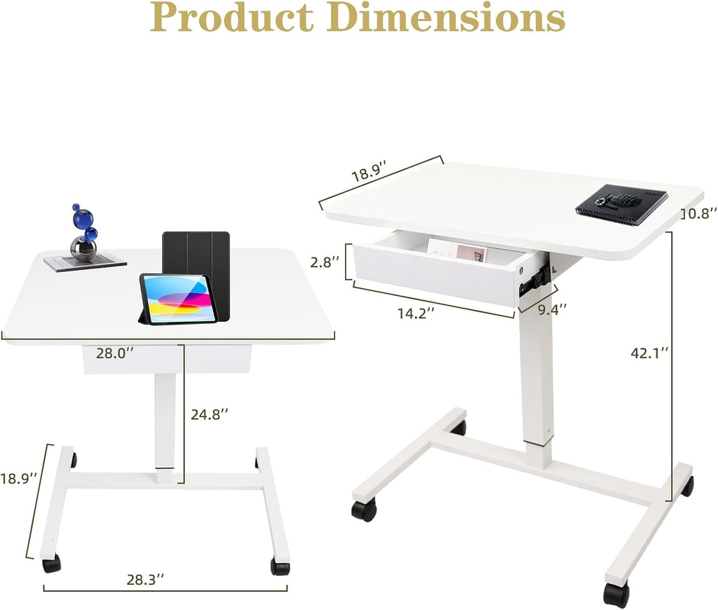 CLATINA Mobile Laptop Standing Desk, Height Adjustable Teacher Podium with Lockable Wheels, Adjustable Work Table with Drawer, Computer Cart Overbed Table for Home Office Classroom, White - Image 3