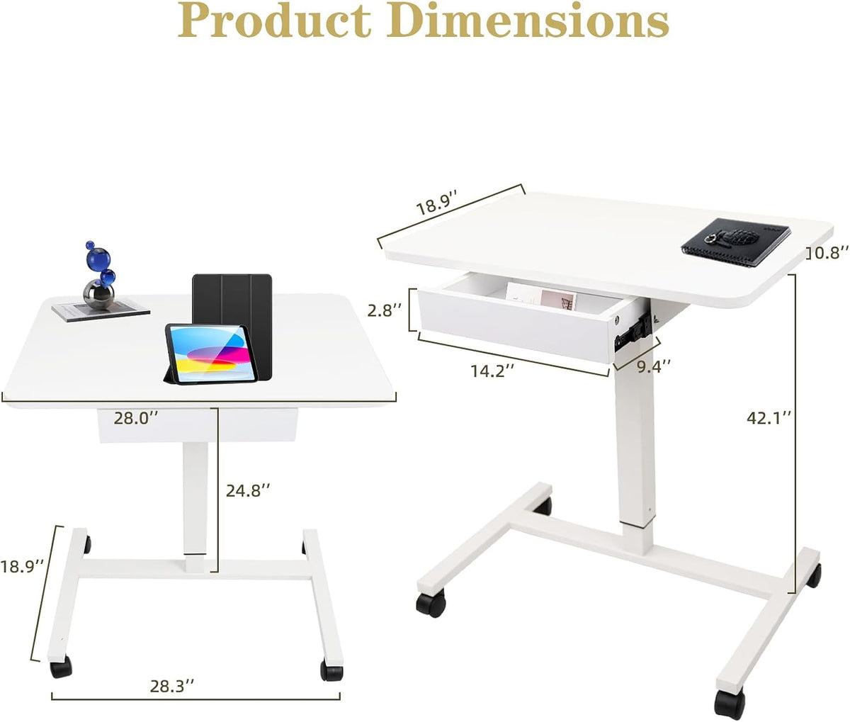 CLATINA Mobile Laptop Standing Desk, Height Adjustable Teacher Podium with Lockable Wheels, Adjustable Work Table with Drawer, Computer Cart Overbed Table for Home Office Classroom, White - Image 3