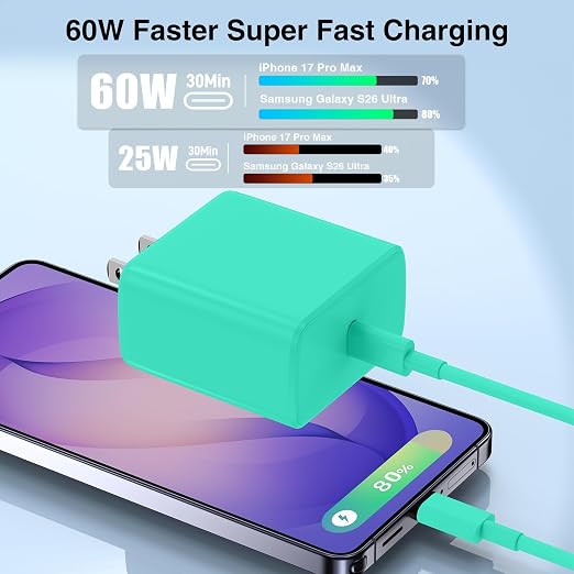 60W USB C Quick Wall Charger Block for Galaxy S26 Android Phones, 3Pack Super Fast Charger Adapter with Bulk 3/6/10FT Long USB C Charging Cable Cords for Samsung Galaxy S26+/S25/S24/S23 Ultra - Image 2