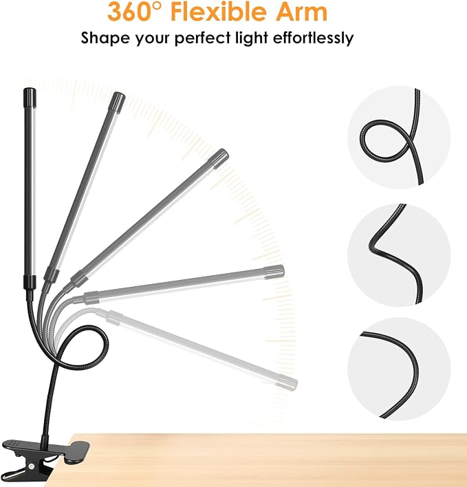 ShineTech 3-Head LED Desk Lamp with Clamp, Eye-Caring Clip on Lights | Ultra-Wide Lighting, 4 Color Modes, Stepless Brightness, Flexible Gooseneck, Memory Function & Auto-Off Time for Home Office - Image 3