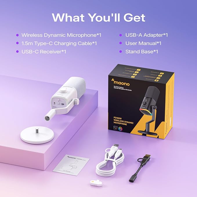MAONO PD100W Wireless Dynamic Gaming Microphone for PC with USB-C Receiver | One-Click Noise Reduction,Custom RGB,Mute,Monitoring, Companion App,Wireless Desktop Mic for Creator, Stream, Podcast, White - Image 8