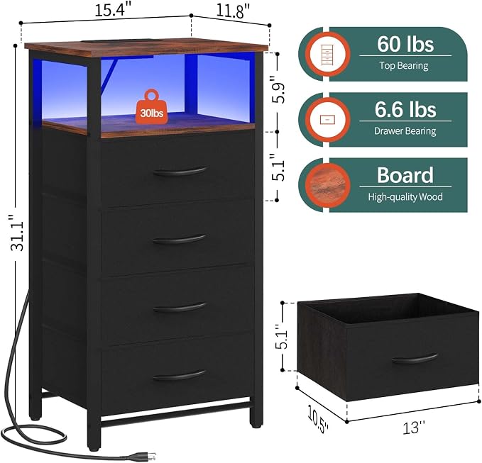 Yoobure Night Stand - LED Nightstand with Charging Station, Tall Nightstand for Bedroom, Bedside Table with 4 Fabric Storage Drawers and Storage Shelf, End Table with USB Ports and Outlets - Image 3