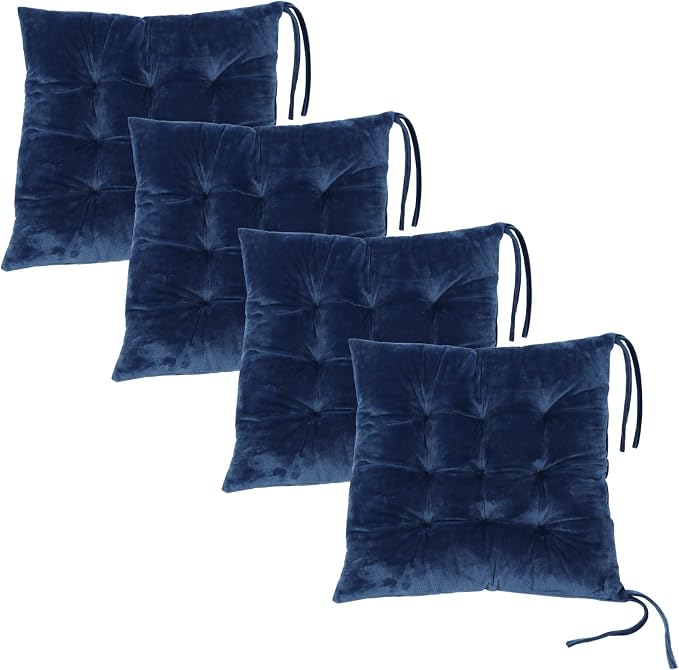 Set of 4 Square Chair Pads Indoor Seat Cushions Pillows with Ties Soft Comfortable Non Slip Chair Mat for Kitchen Dining Office Desk Living Room Outdoor Tatami 15.5" - Blue by MissSoul