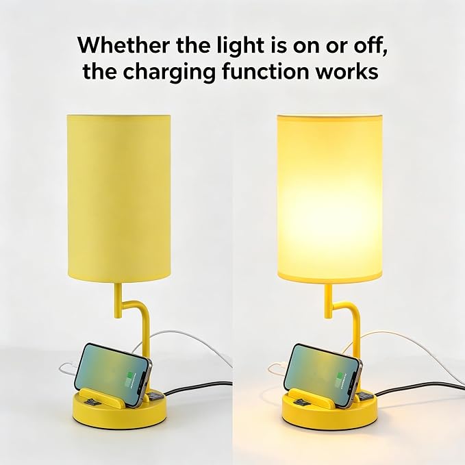 Dreamholder 2 Pack Table Lamp, Bedside Lamp with 3 USB Charging Ports & AC Outlet, USB Desk Lamp with 2 Phone Holders, Linen Fabric Shade Nightstand Lamps for Bedroom Living Room Office, Yellow - Image 3