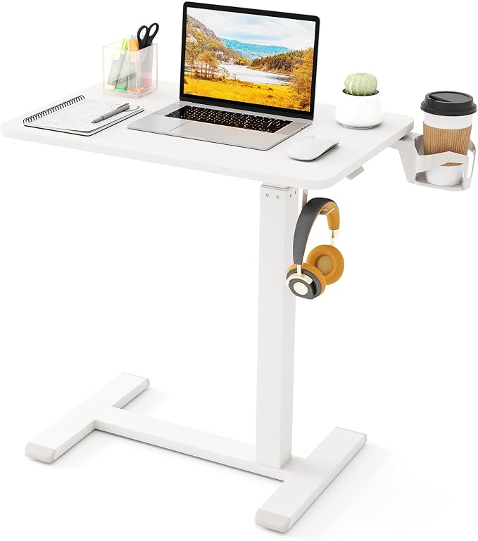 Tangkula Mobile Standing Desk, Pneumatic Height Adjustable Rolling Desk with Cup Holder & Headphone Hook, Overbed Table with Hidden Wheels, Laptop Computer Cart for Couch, Home, Office (White) by TANGKULA