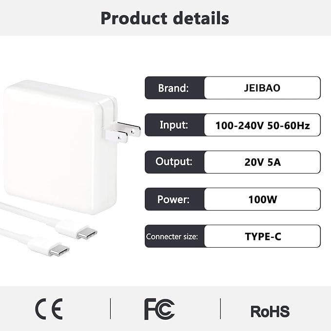 JEIBAO Mac Book Pro/Air Charger - 100W USB C Fast Charger Compatible with MacBook Pro/Air, M1 M2 M3 M4 M5, ipad Pro and All USB-C Laptops and Phones, 6.6ft Charger Cable - Image 2