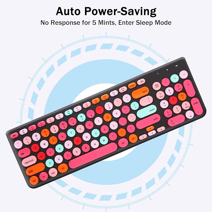 Wireless Keyboard and Mouse Combo, Retro Typewriter Keyboard with Round Keycaps, 2.4GHz USB Cute Wireless Keyboard Mouse for Computer, Desktop, Laptop and Computer (Black-Colorful) - Image 3