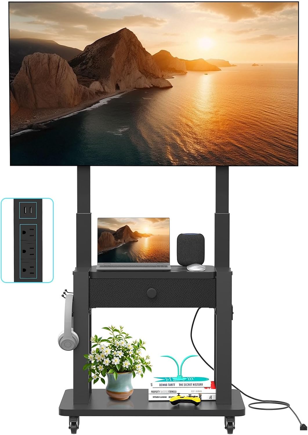 Rolling TV Stand with Power Outlet and Fabric Drawer for 32-75 Inch Flat/Curved Screen up to 220lbs LCD/LED/OLED Adjustable Height Mobile TV Cart with Wheels for Home Office Max VESA 600x400mm Black - Image 7