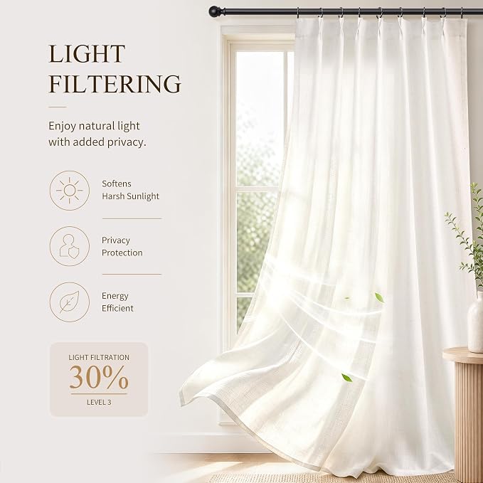 Hokibero Natural Pleated Linen Tier Curtains 48 Inch Long 2 Panels for Cafe | Ivory Light Filtering Sheer Curtain,Pinch Pleated Back Tab Hooks Rings,Boho Farmhouse Textured Privacy Drapes for Kitchen - Image 6