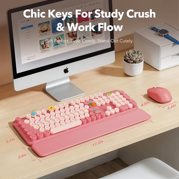 Wireless Keyboard and Mouse Combo, Cute Full-Size Retro Typewriter Keyboard with Round Keycaps, Magnetic Wrist Rest, Tilt Legs, 2.4GHz Cordless for Mac, Windows PC, Laptop, SABLUTE CK23, Baby Pink | Full-Size Retro Typewriter-Style Keyboard, Tilt Legs,... - Image 8