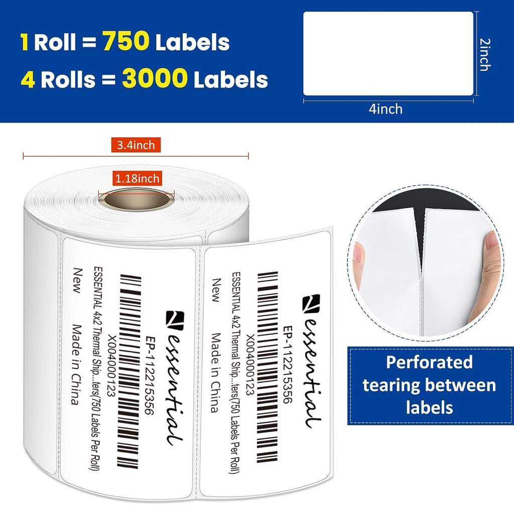 ESSENTIAL 4" x 2" Direct Thermal Labels, 1" Core (3000 Labels, 4 Rolls) - Image 2