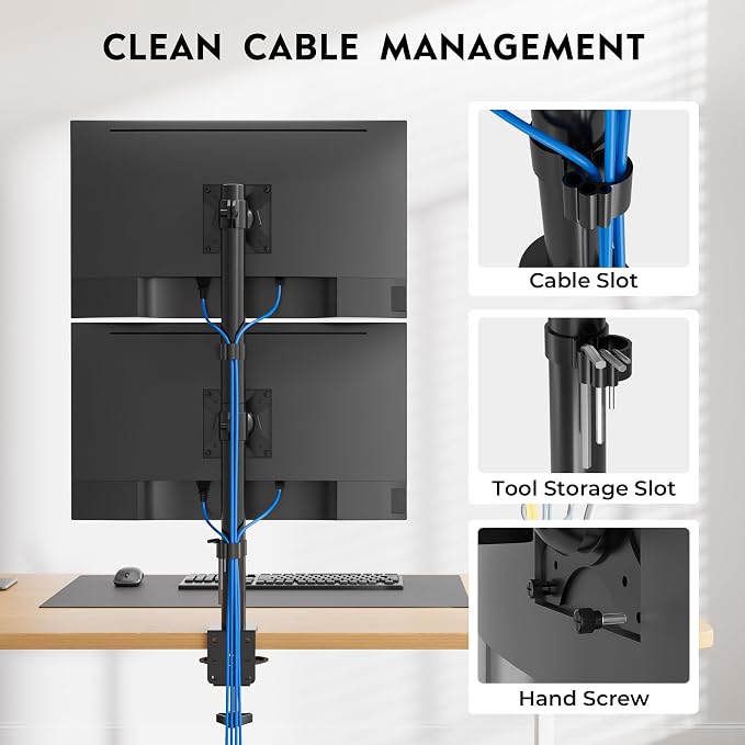BONTEC Vertical Dual Monitor Desk Mount, 13-34", VESA 75x75/100x100mm | Full Motion Adjustability, Up to 22lbs per Arm, C Clamp and Grommet Mounting Options, Cable Management for Flexible Setup - Image 7