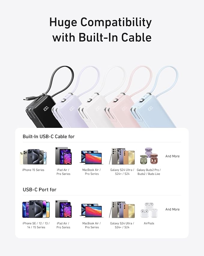 Anker Nano 3-in-1 Portable Charger,10,000mAh 30W Travel Power Bank | Battery Pack with Built-In USB-C Cable and Foldable Wall Plug, for iPhone 17 / 16 / 15 Series (Violet) - Image 6