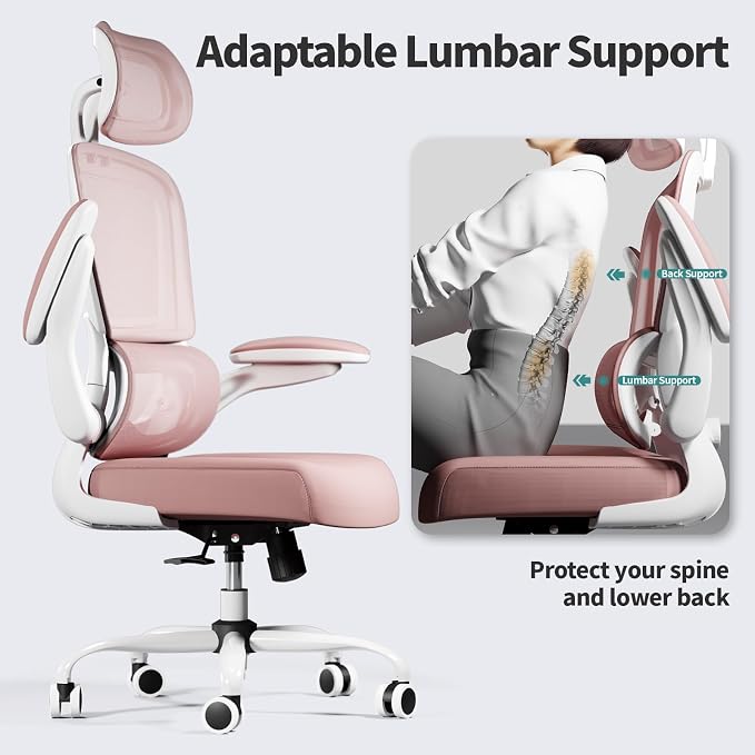 TRALT Office Chair Ergonomic Desk Chair - Gaming Chair with Lumbar Support | 330 LBS Home Office Desk Chairs with Headrest, Reading Chair with Flip-up Armrests, Comfortable Computer Chairs (1, Pink) - Image 7
