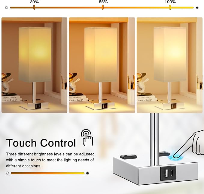 White Touch Table Lamp for Bedroom - Dimmable, USB C+A, 2 AC Outlets | 3-Way Dimming, 3000K Bulb Included, Square White Lampshade and Silver Base, Desk Lamp for Nightstand, Living Room, Dorm - Image 2