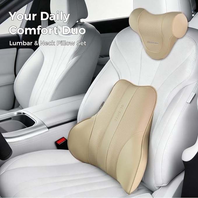Coverado Lumbar Support Pillow for Car, Ergonomic Memory Foam Back Pillow for Office Chair, Back Cushion for Back Pain Relief, PU Leather Car Lumbar Support for Driving Seat - Beige - Image 8