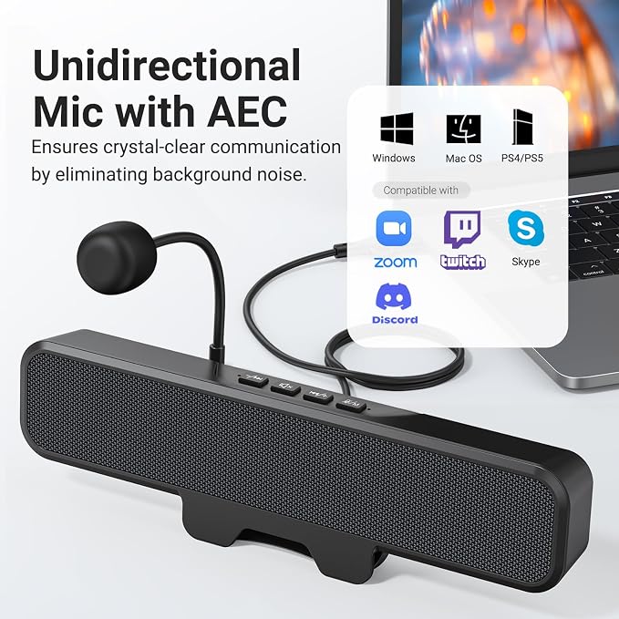 Computer Speakers with Microphone for Desktop PC, USB Monitor Speakers with Clip, Wired Laptop Sound Bar, Stereo & Bass, PC Speaker w/Mic for Meeting/Gaming/Online Learning, Easily Clamps to Monitor - Image 4