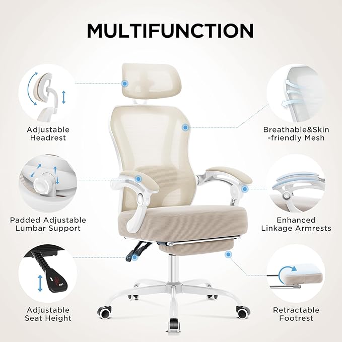 Ergonomic Office Chair with Footrest,Ultra Thick Desk Chair,Cream | 150°Reclining,Mesh High Back,Adjustable 2D Lumbar Support and Headrest,4.8" Spring Cushion,Premium Computer Chair for Adults - Image 5