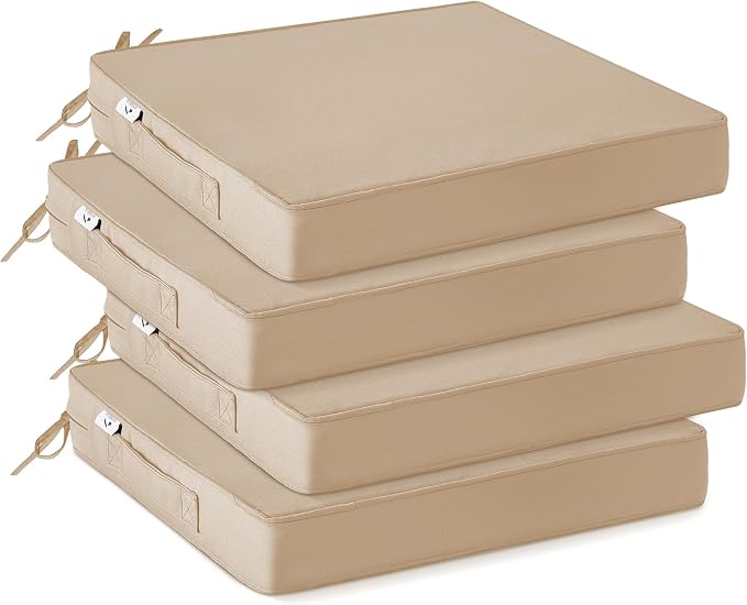 IPYNBAP Outdoor Chair Cushions Set of 4 -Waterproof Outdoor Seat Cushions for Patio Furniture, Patio Chair Cushion with Handle and Ties, Out Door Chair Pads,17x16x2-Square,Beige by IPYNBAP